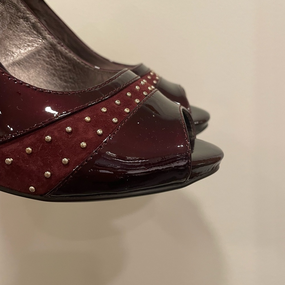 Sofft Burgundy Patent Mary Jane Peep-Toe Heels with Stud Accents - Picture 5 of 7